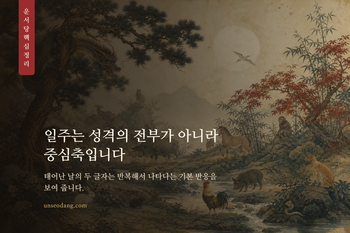 60간지의 두 글자와 중심축을 표현한 사주 일주 설명 이미지