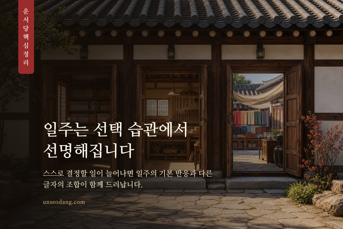 갈림길에서 자신의 선택 방향을 살피는 모습을 표현한 일주 성향 카드