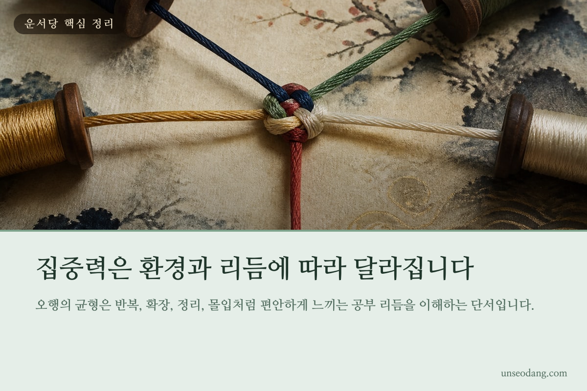 다섯 가지 오행 재료가 균형 있게 놓인 공부 책상을 표현한 이미지