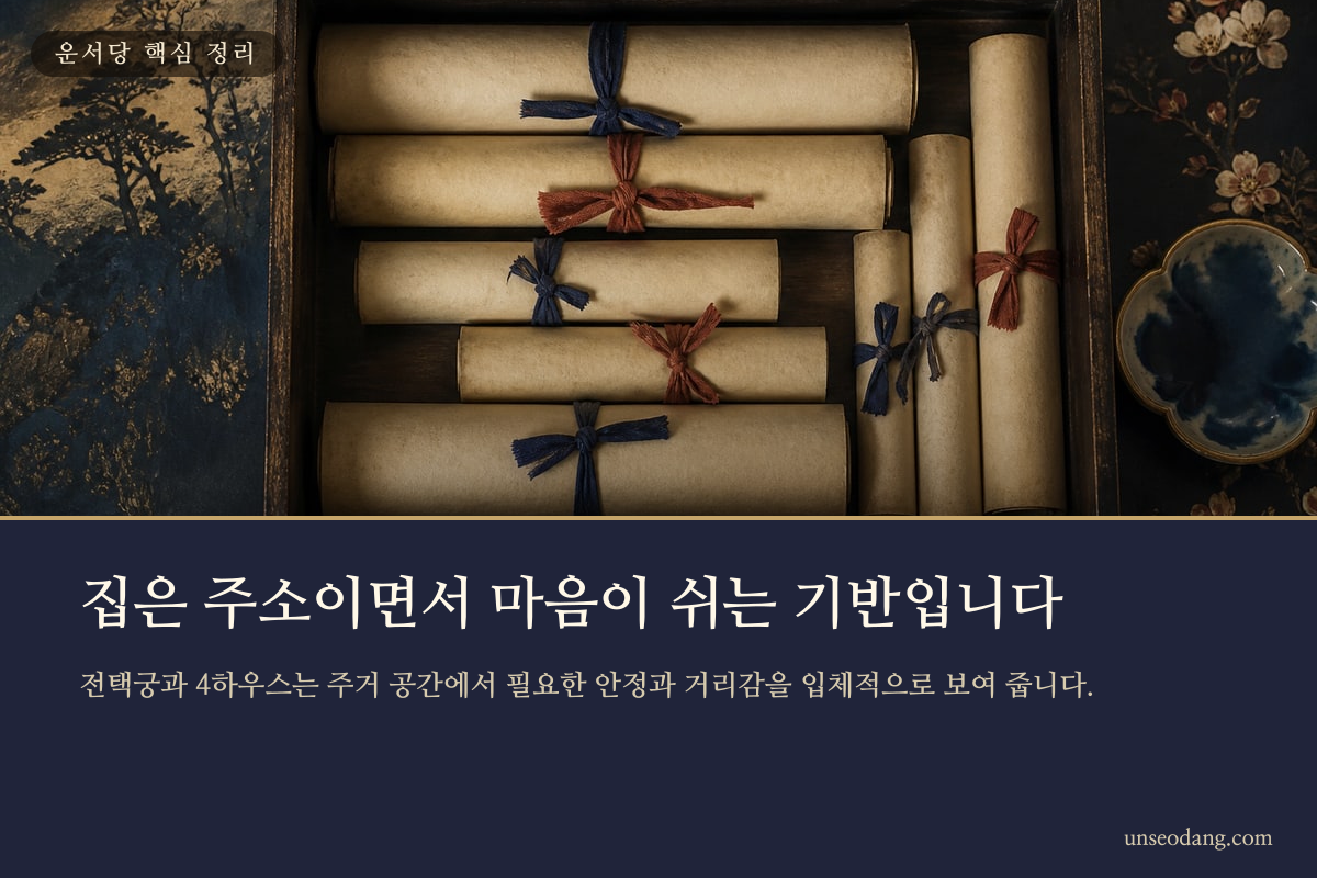 서책과 별자리 도표 위에 집의 형태가 겹쳐진 명리와 점성술 이미지