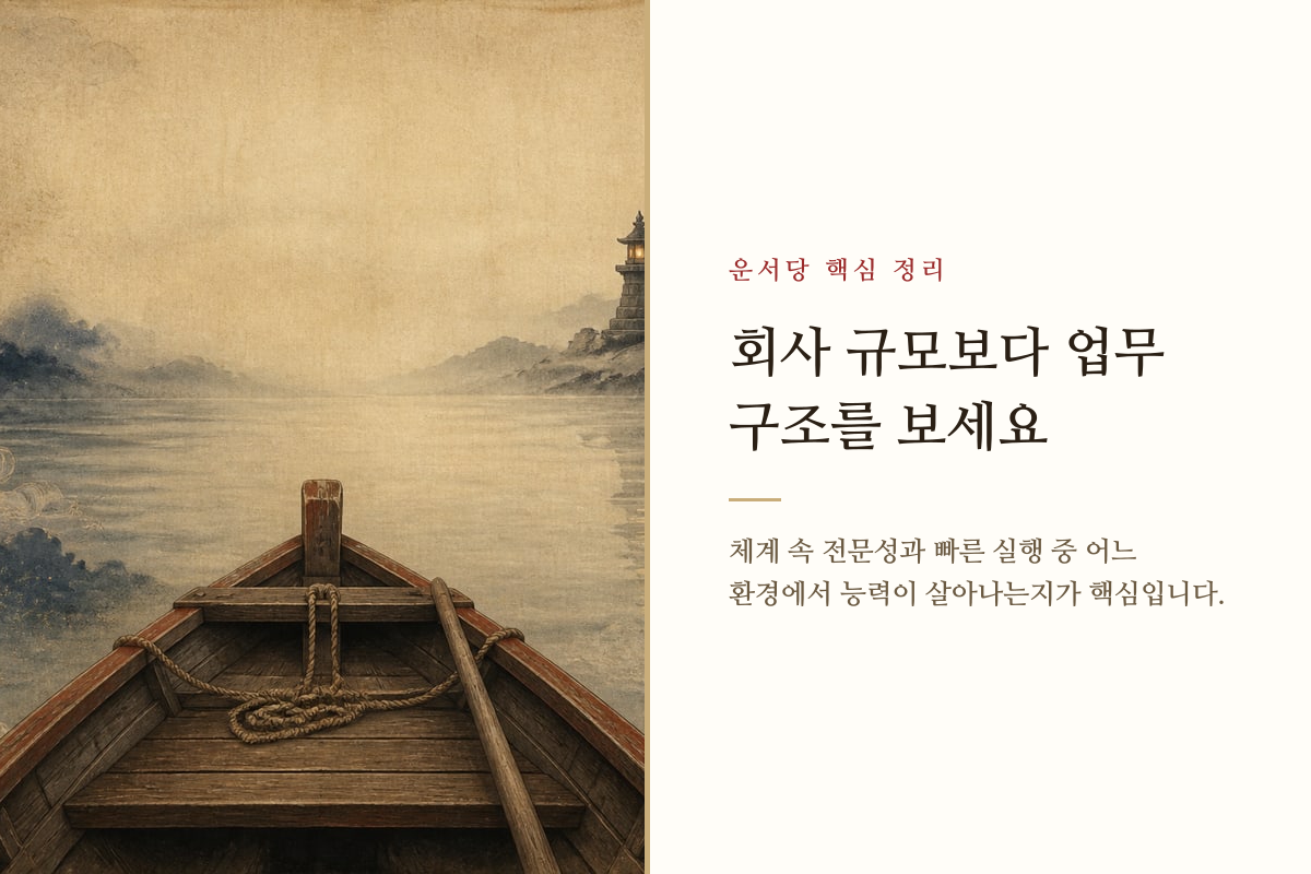 대기업과 스타트업의 서로 다른 업무 구조를 비교하는 갈림길 이미지