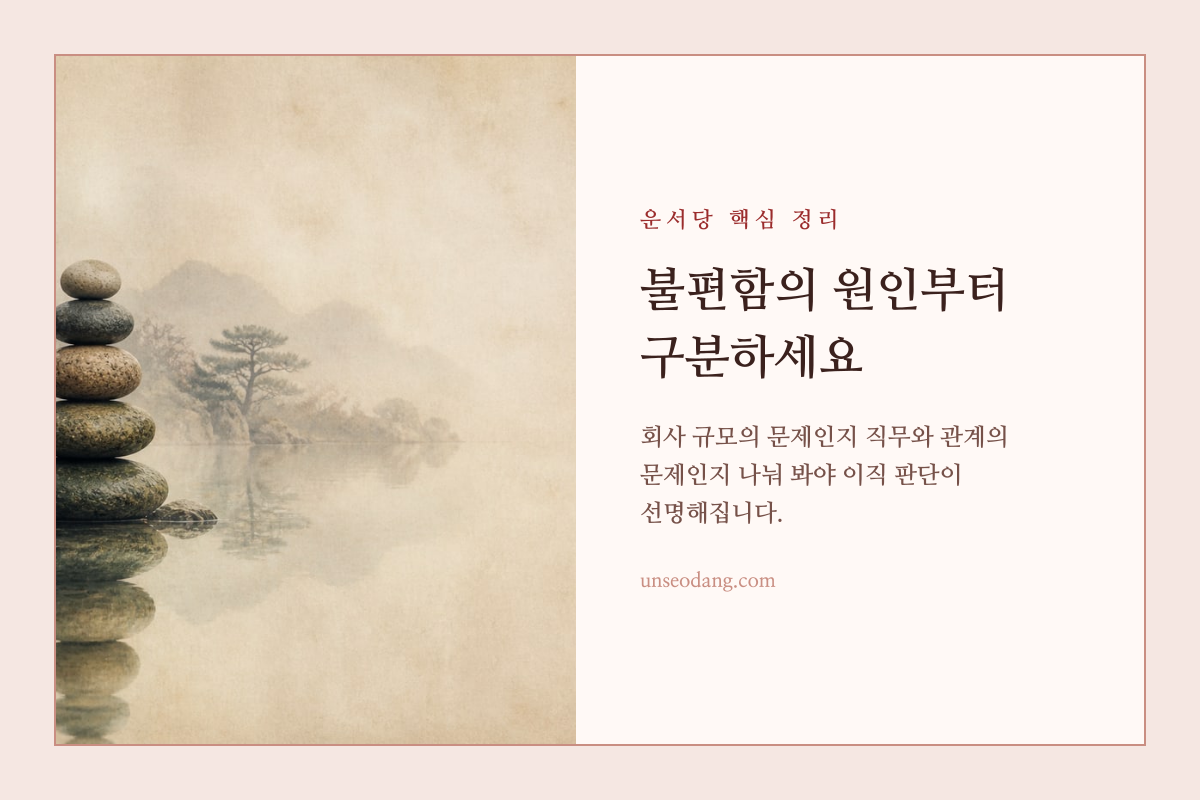 직장 불편의 원인을 조직 규모와 직무 관계로 나누어 살피는 저울