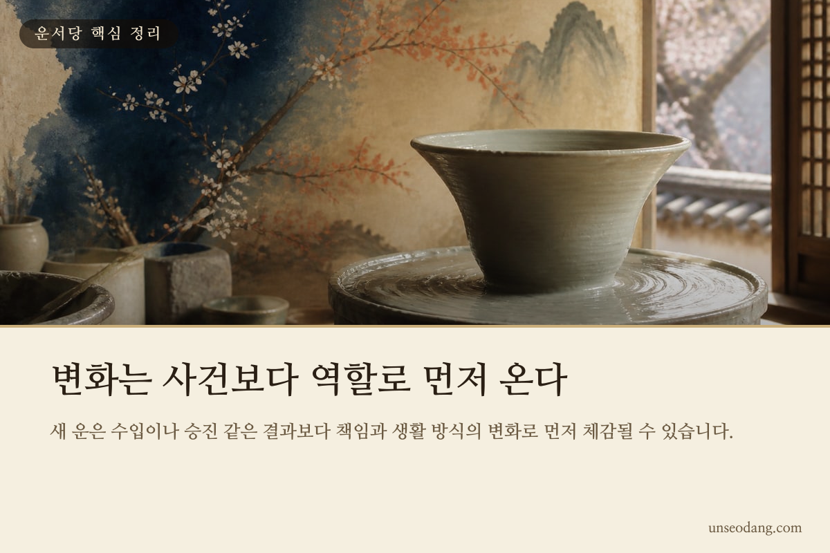 새로운 도구와 작업대가 놓인 장면으로 역할 변화를 표현한 사주 이미지 카드