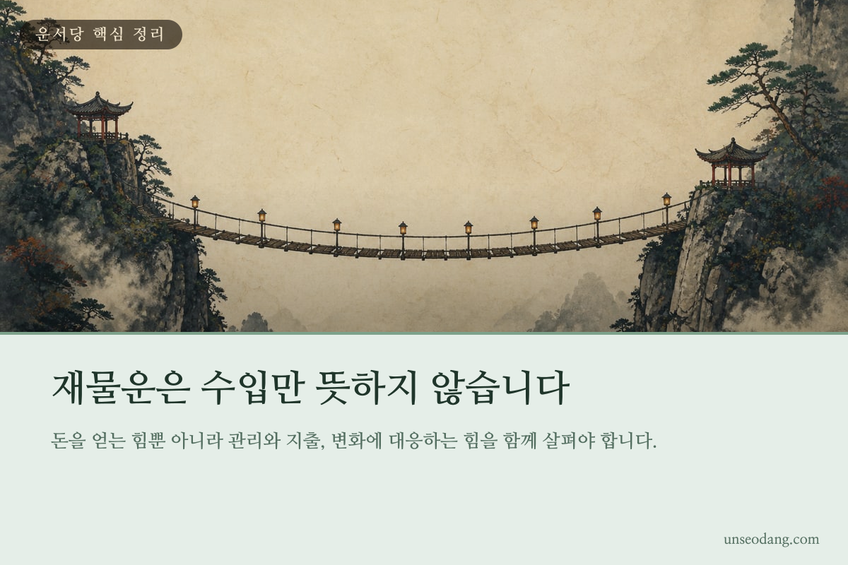 수입과 관리와 지출이 놓인 저울로 재물 구조를 설명하는 이미지