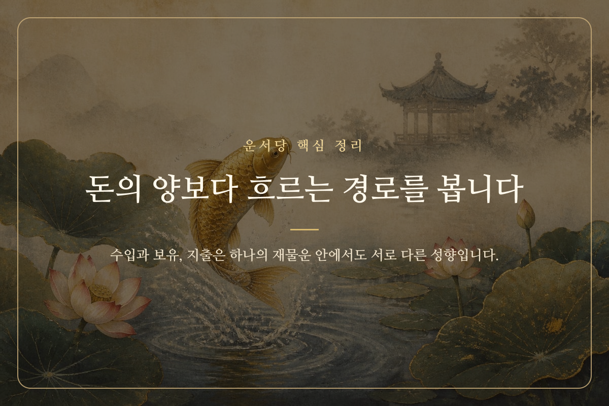곳간으로 들어온 돈이 보관과 지출의 두 방향으로 흐르는 모습을 표현한 재물운 이미지
