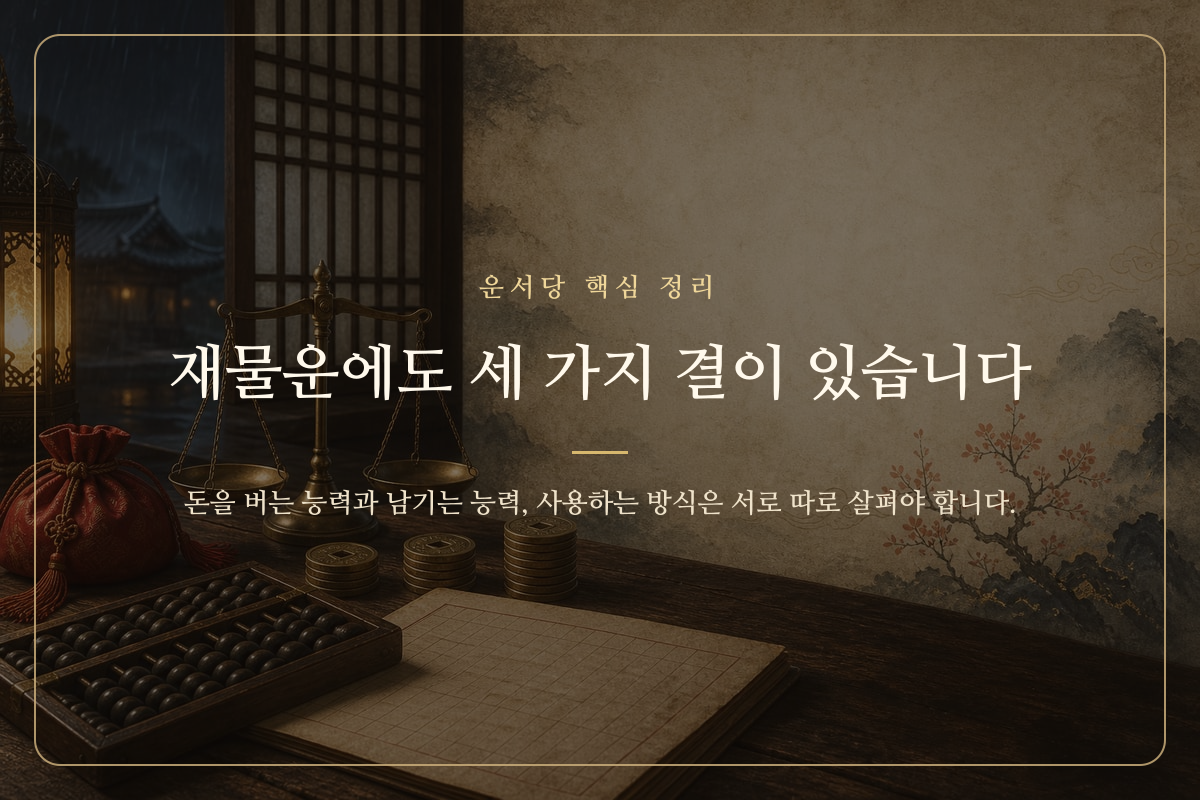 버는 결과 모으는 결, 쓰는 결을 세 갈래로 보여 주는 재물운 정리 이미지