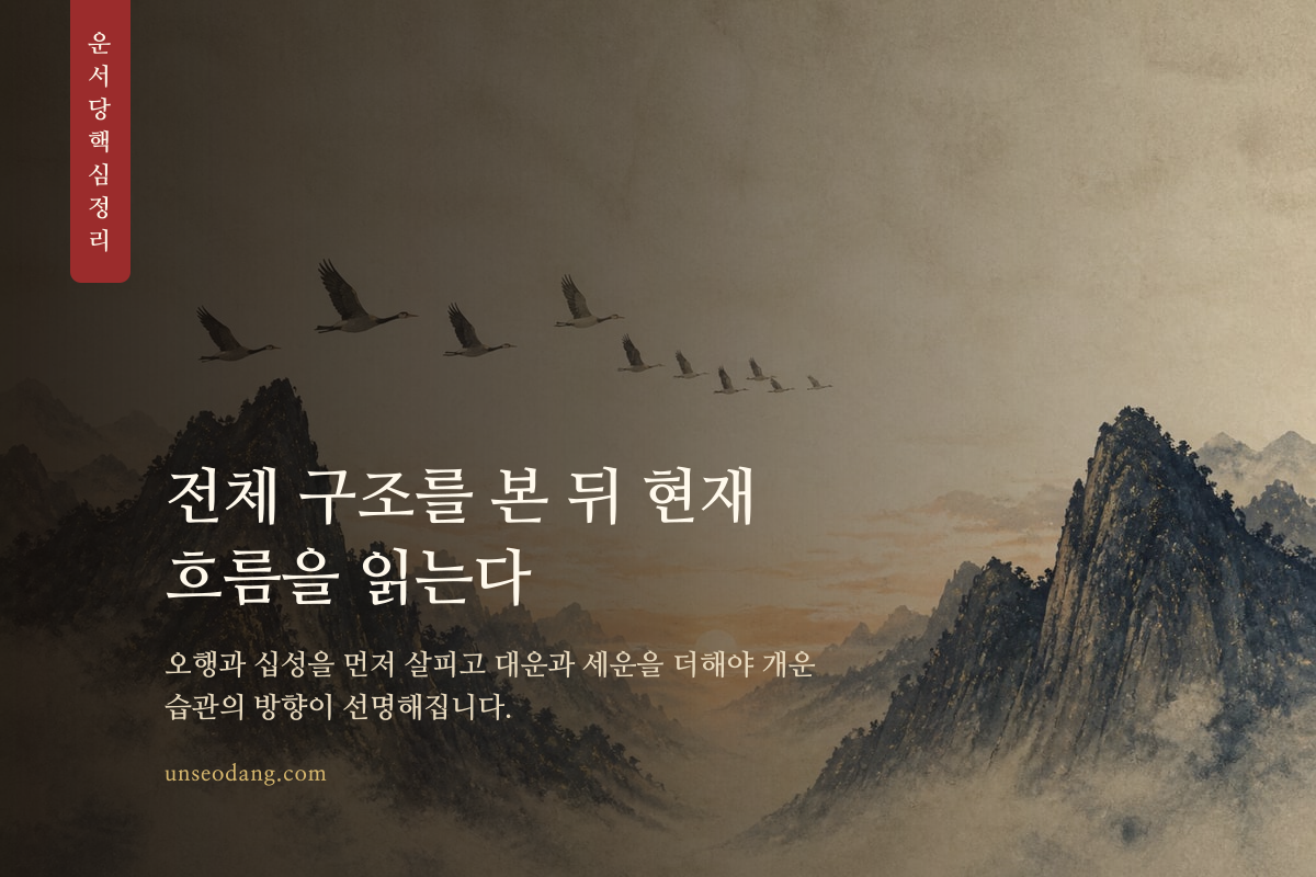 사주 원국에서 대운과 세운으로 이어지는 읽기 순서를 표현한 이미지