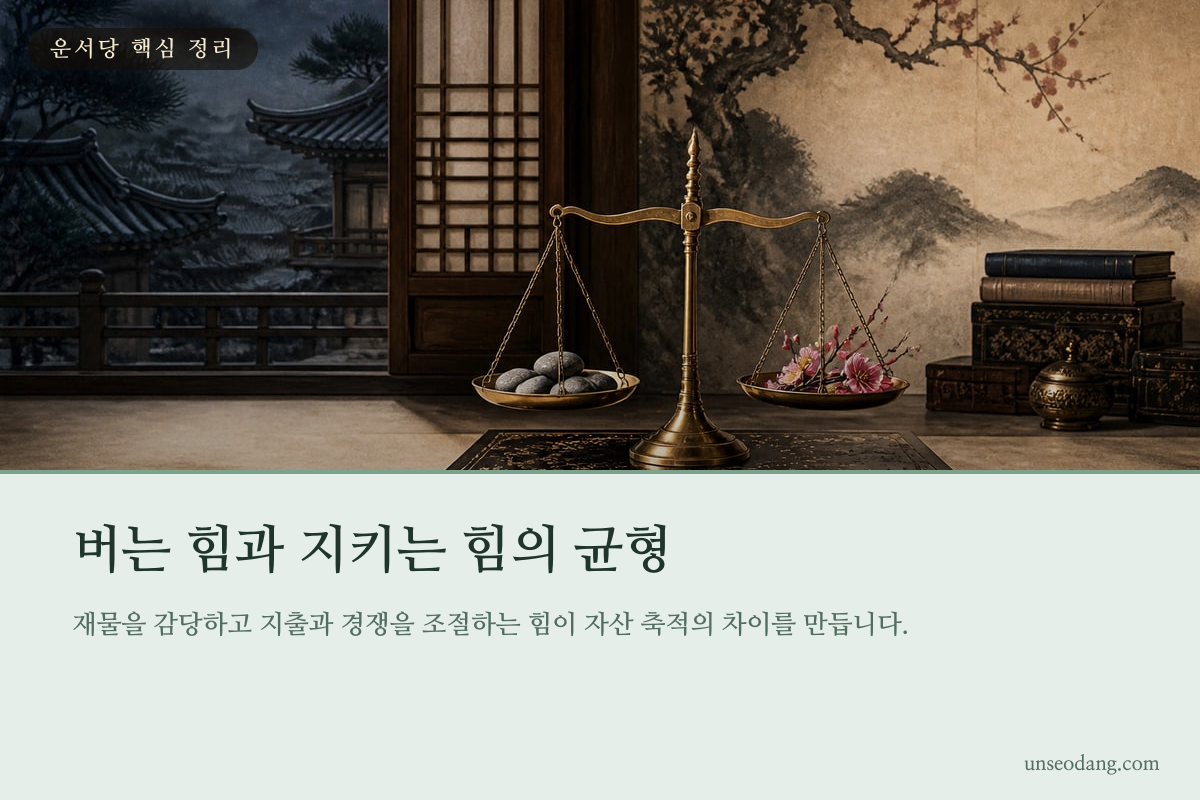 수입과 지출, 관리 능력의 균형을 저울로 정리한 이미지