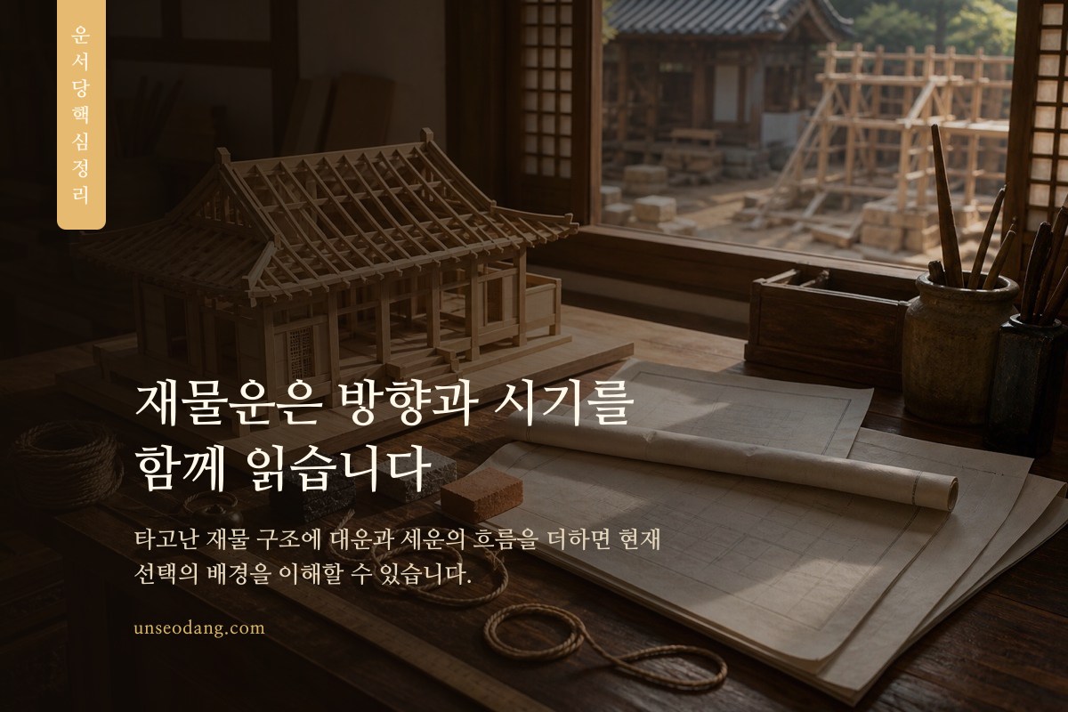재물 관리의 방향과 운의 시기를 나침반으로 표현한 이미지
