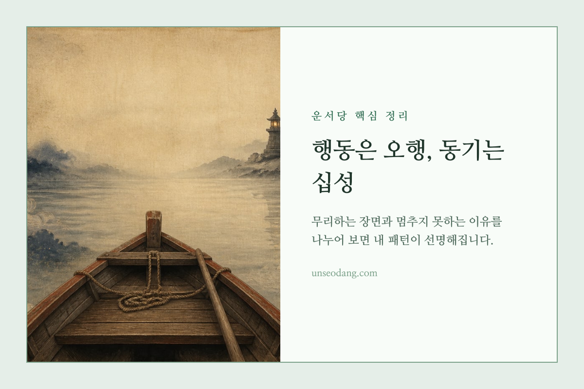 오행과 십성으로 자신의 과로 패턴을 구분하는 이미지 카드