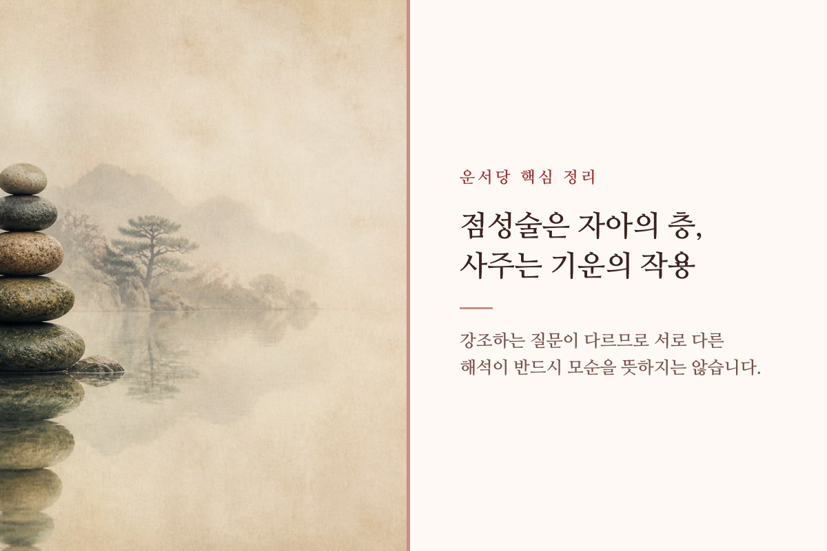 점성술의 자아 해석과 사주의 기운 해석을 좌우로 비교한 카드