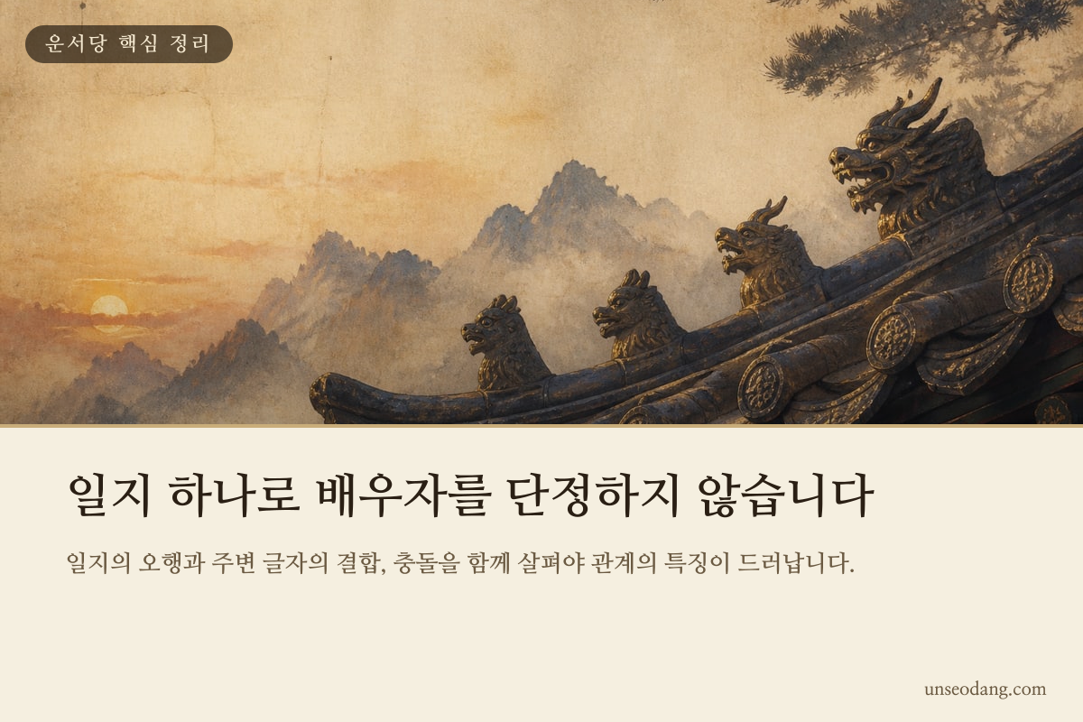 여러 사주 글자가 배우자궁과 연결되는 모습을 나타낸 핵심 정리 이미지