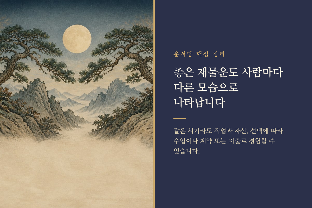 저울 양쪽에 수입과 지출을 놓아 서로 다른 재물운 결과를 설명한 이미지