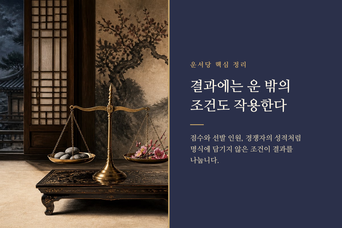 여러 조건이 저울 양쪽에 놓여 시험 결과의 차이를 보여 주는 이미지 카드
