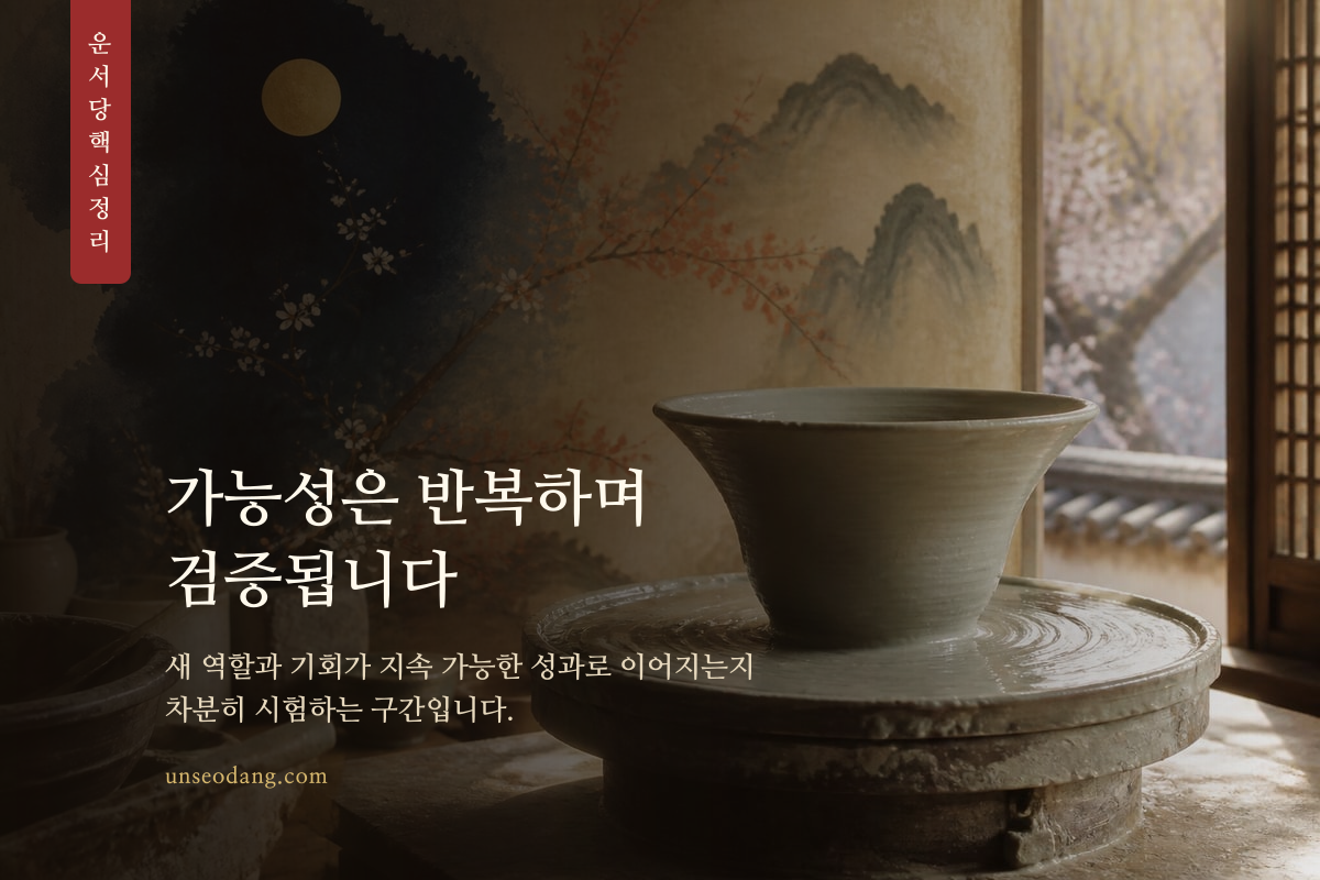 작업대에서 새로운 일을 시험하고 다듬는 모습의 이미지 카드