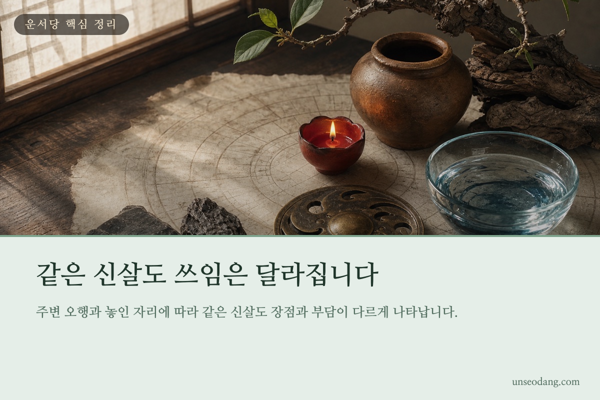 서로 다른 오행 재료가 하나의 사주 구조를 이루는 핵심 정리 이미지