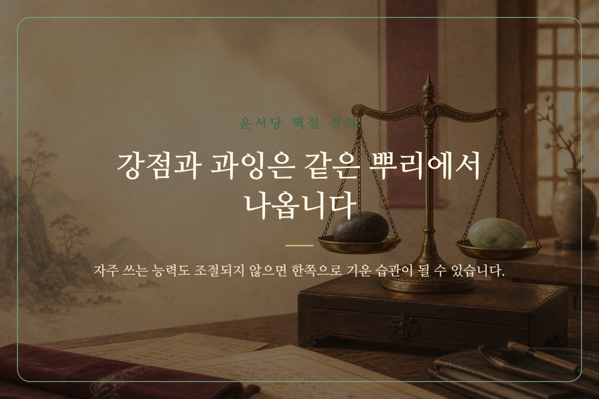 한쪽 접시에 오행의 상징이 많이 놓인 저울