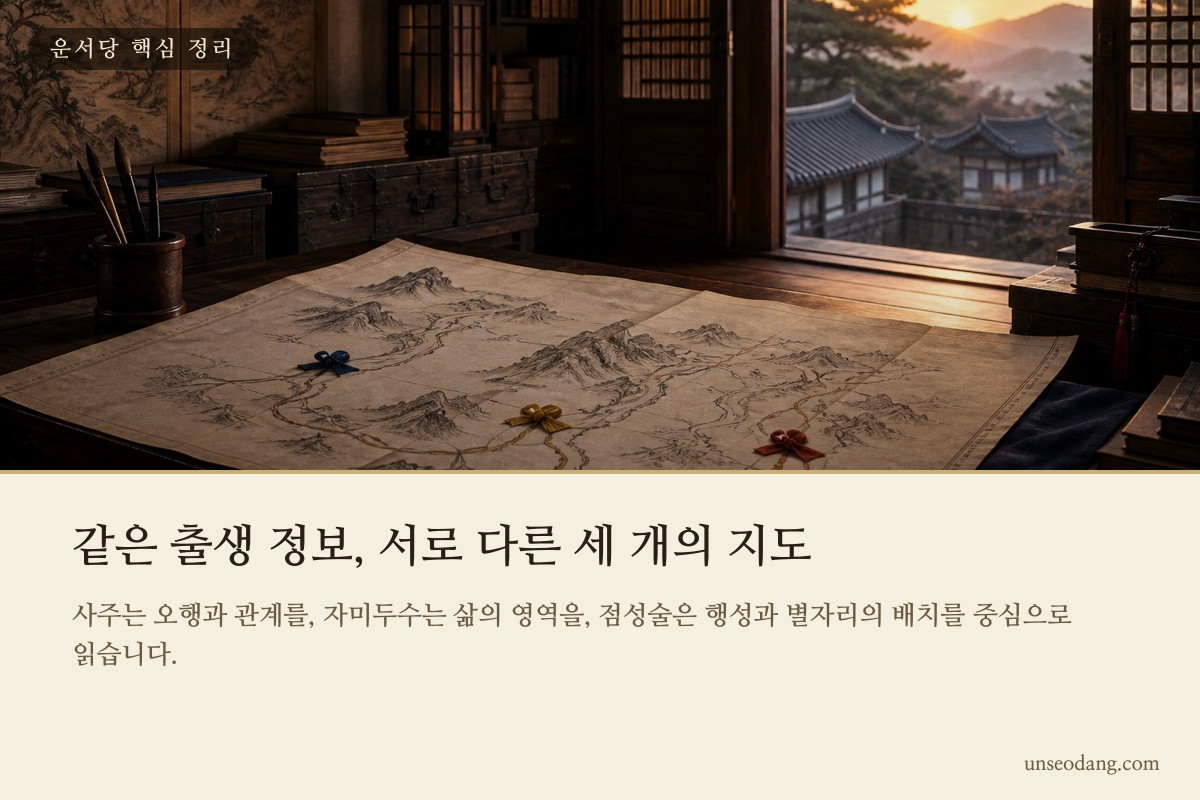 사주명리·자미두수·서양 점성술의 해석 기준을 세 갈래로 비교한 카드