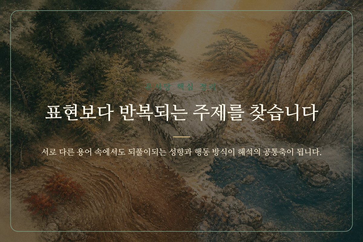 세 가지 해석에서 겹치는 공통 성향을 중심에 표시한 카드