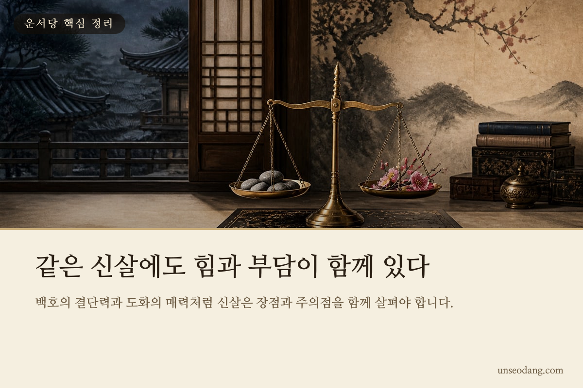 신살의 장점과 부담이 저울 위에서 균형을 이루는 이미지