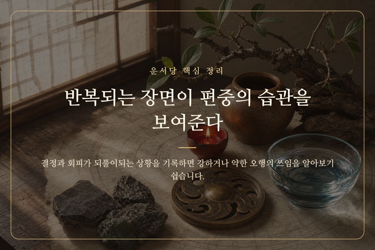 오행을 상징하는 다섯 재료와 반복된 생활 기록이 놓인 정리 카드