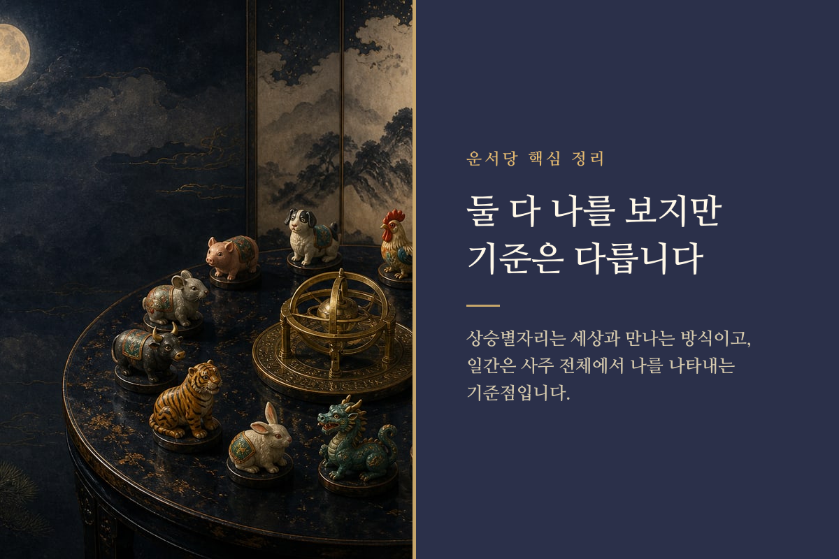 별자리 원과 사주 글자가 서로 다른 기준으로 한 사람을 비추는 비교 이미지