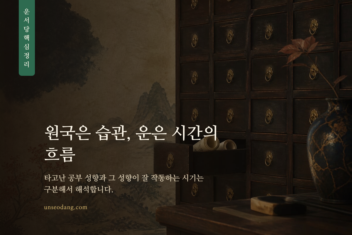 서책과 시간의 흐름으로 원국과 운의 차이를 표현한 이미지