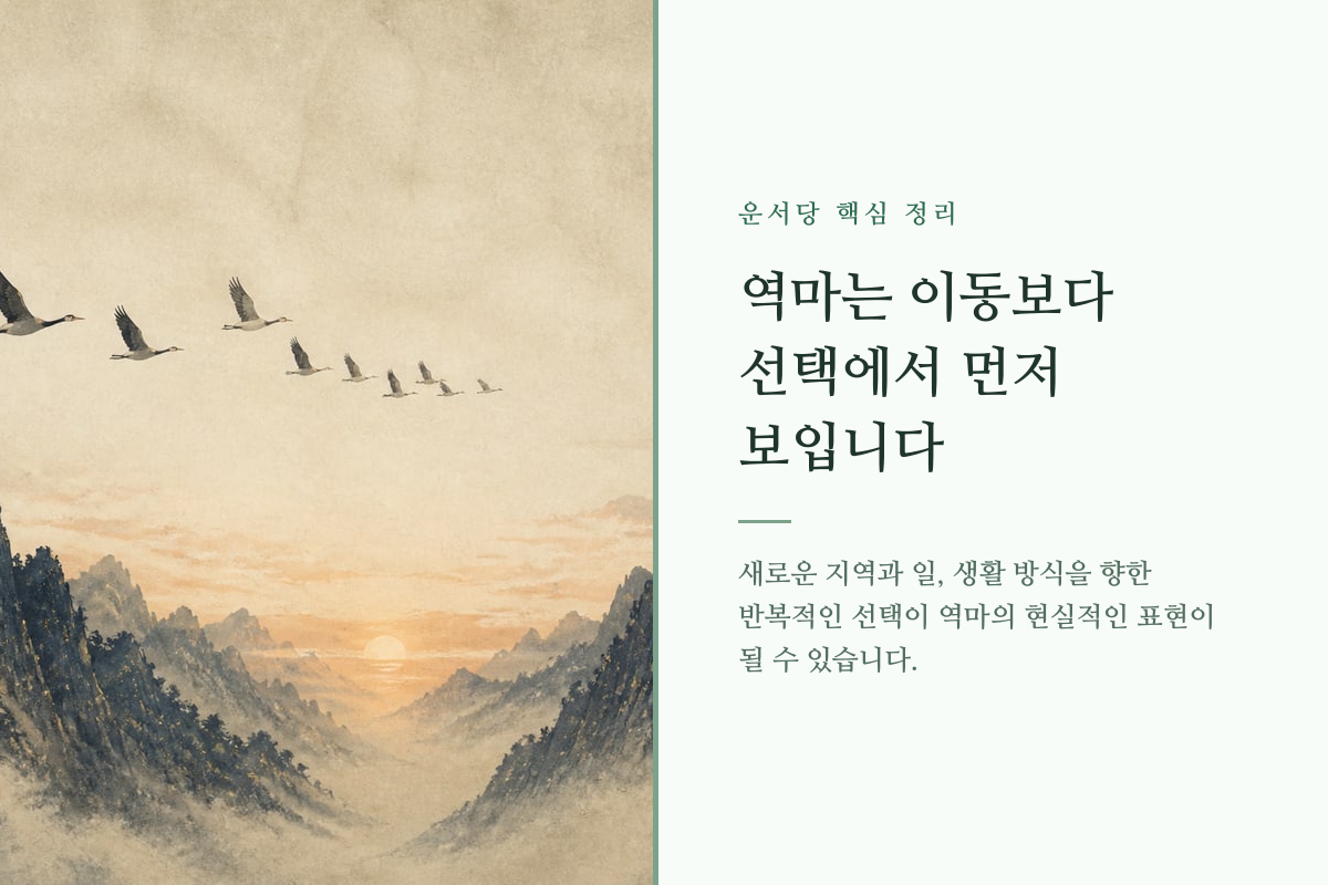 여러 갈래 길과 여행 가방으로 역마살의 이동과 선택을 표현한 이미지