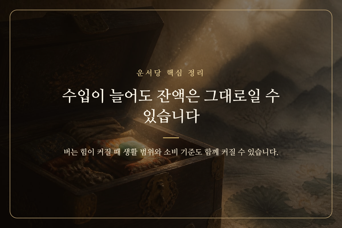월급 상승과 통장 잔액의 차이를 보여 주는 재물 흐름 이미지