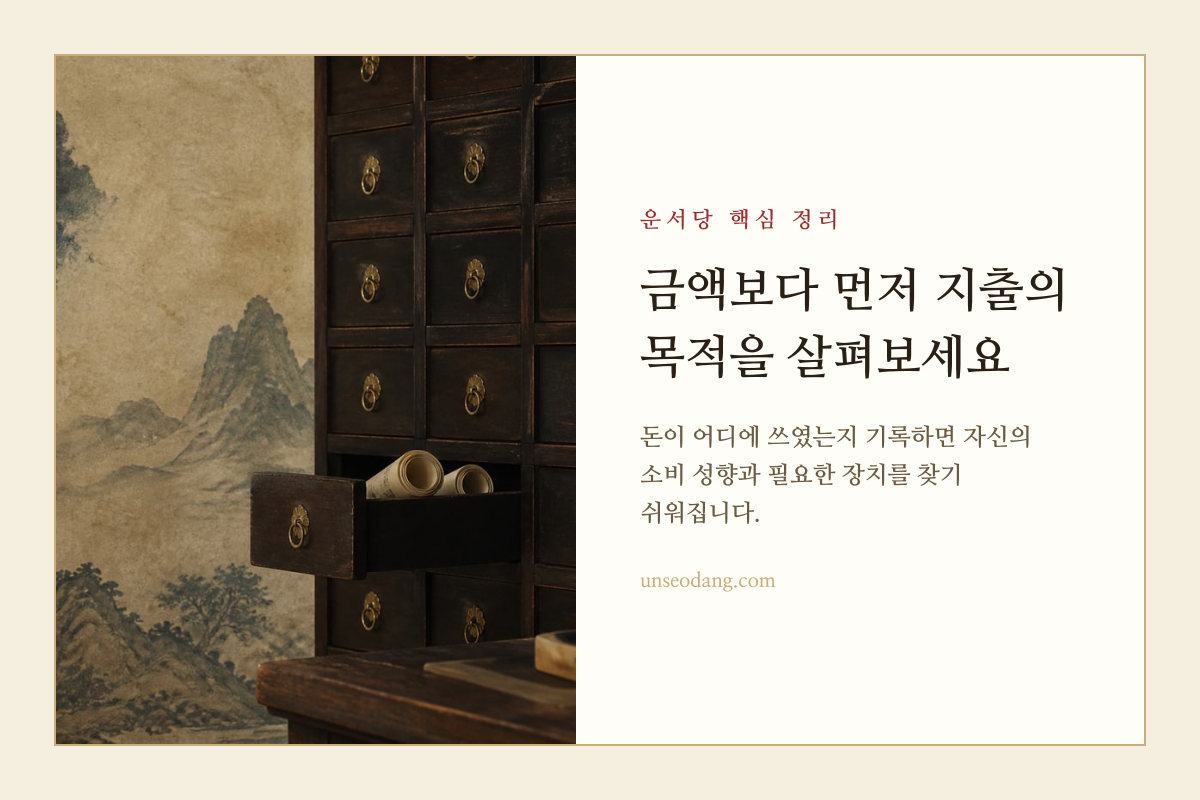 지출 목적을 차분히 기록하는 장부와 인장을 표현한 이미지