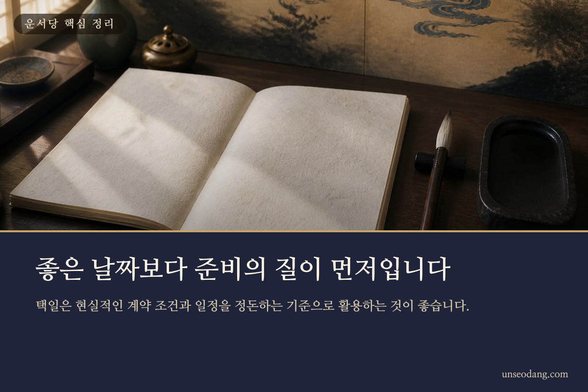 이사 일정과 계약 내용을 기록한 서책과 인장 이미지