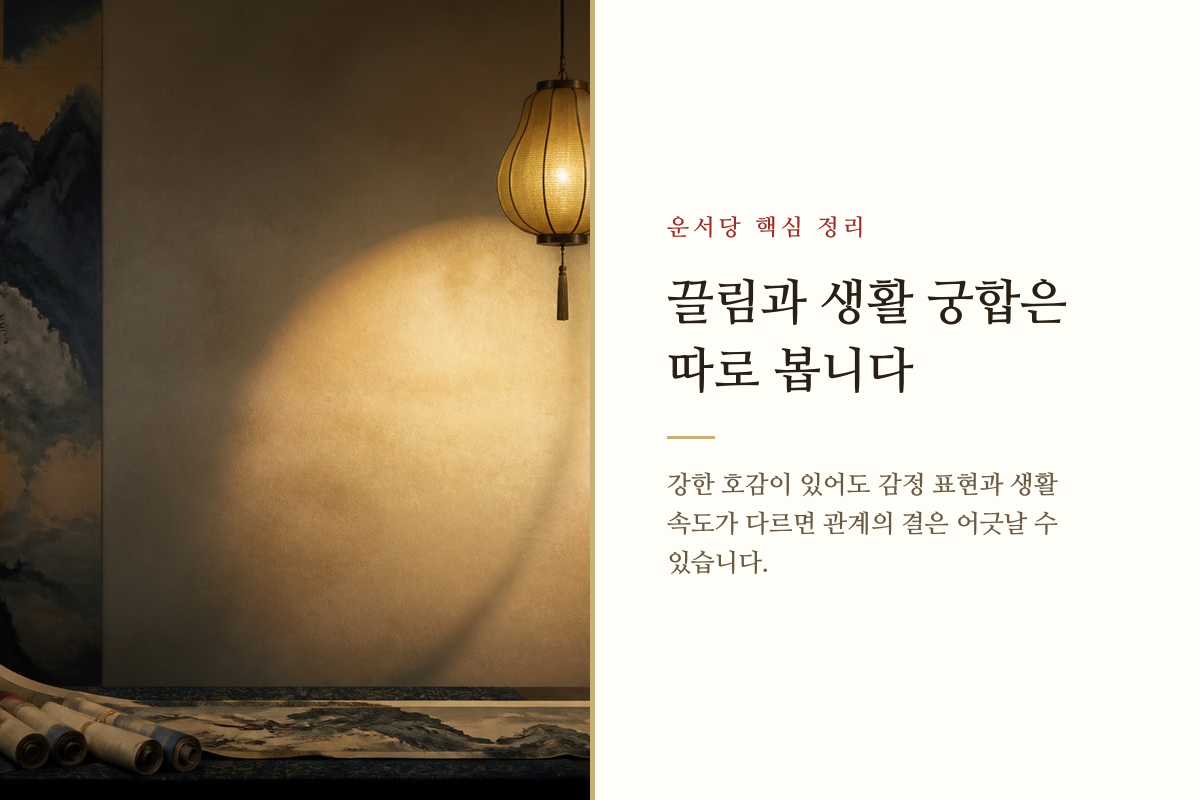 연애의 끌림과 생활 속 조화를 나누어 설명하는 궁합 카드