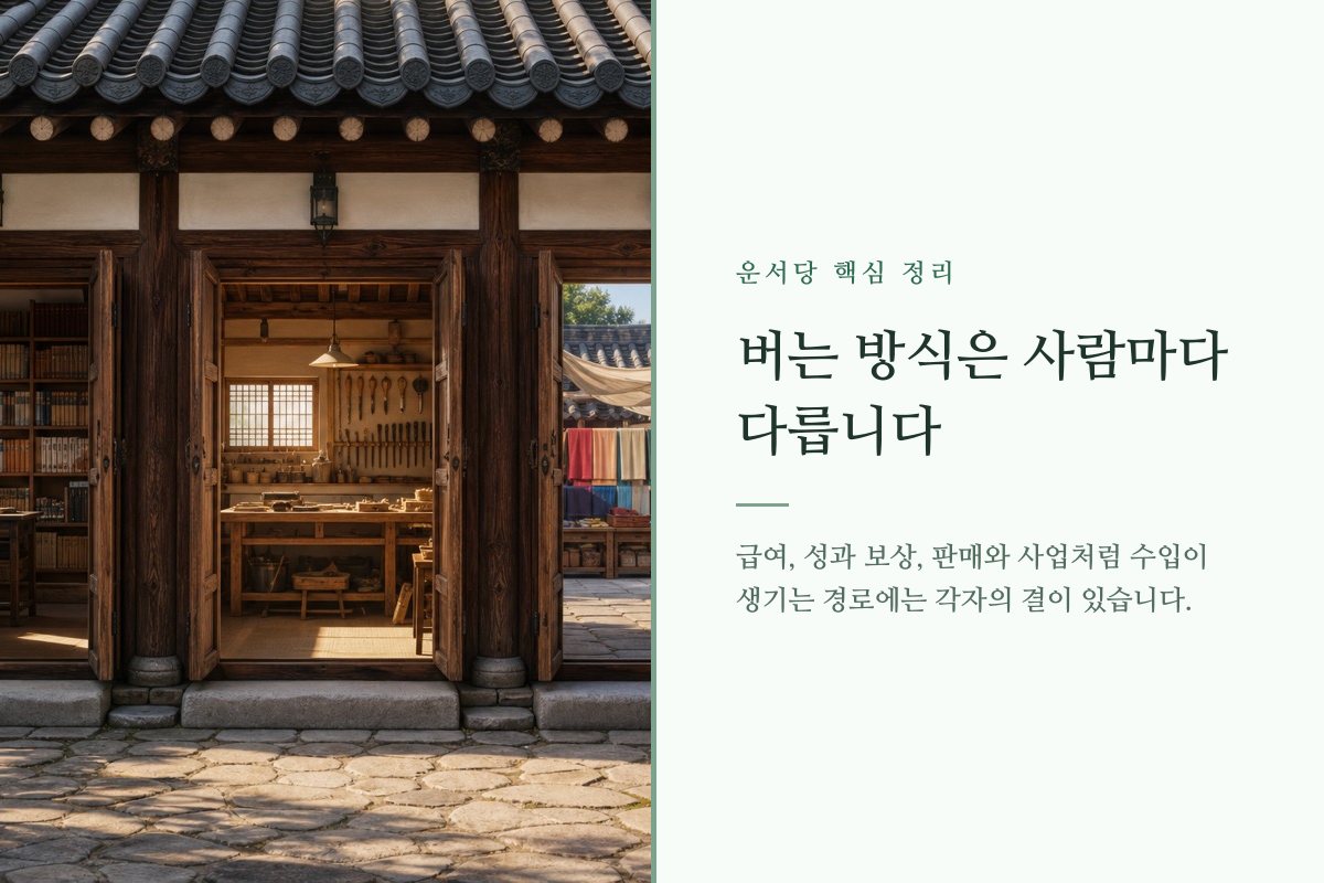 여러 갈래의 수입 경로를 방향 표식으로 표현한 사주 재물운 카드