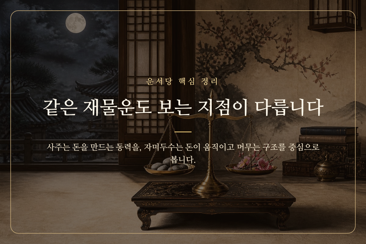 사주와 자미두수의 재물운 해석 관점을 저울로 비교한 이미지
