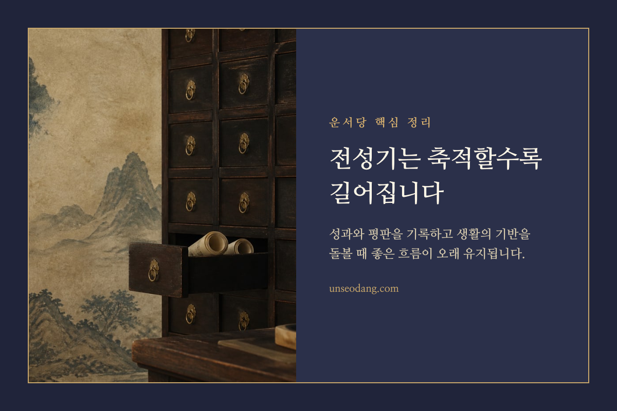 서책과 인장으로 중년 이후의 성과가 차곡차곡 쌓이는 과정을 나타낸 카드