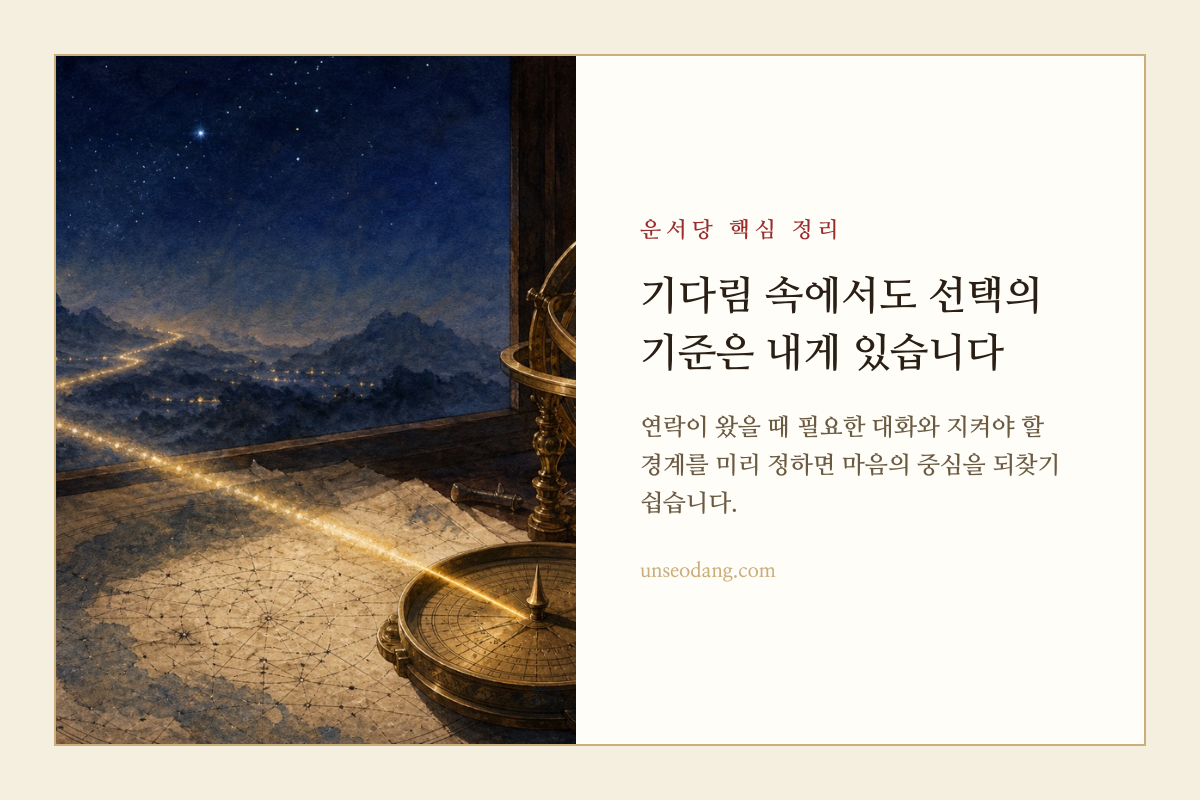 여러 갈래 길 앞의 나침반으로 재회 전 자신의 기준을 세우는 모습을 표현한 이미지