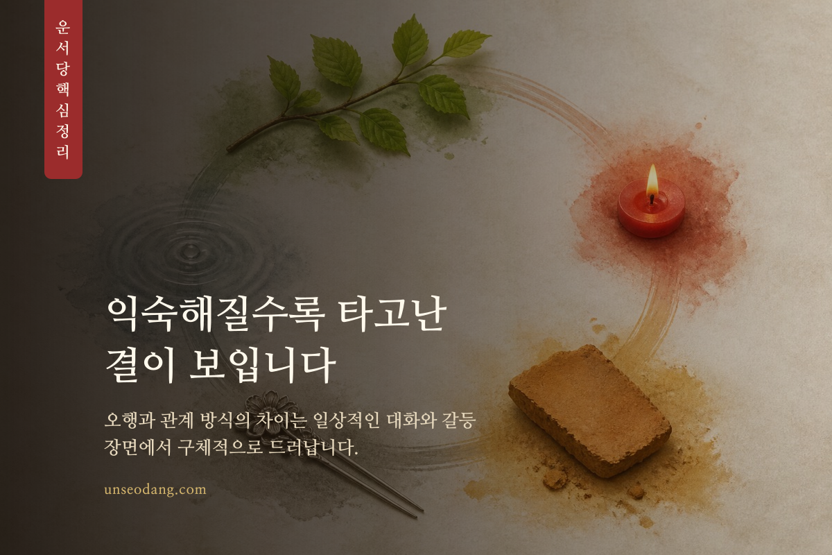 서로 다른 오행 재료가 한 공간에서 균형을 찾아가는 이미지