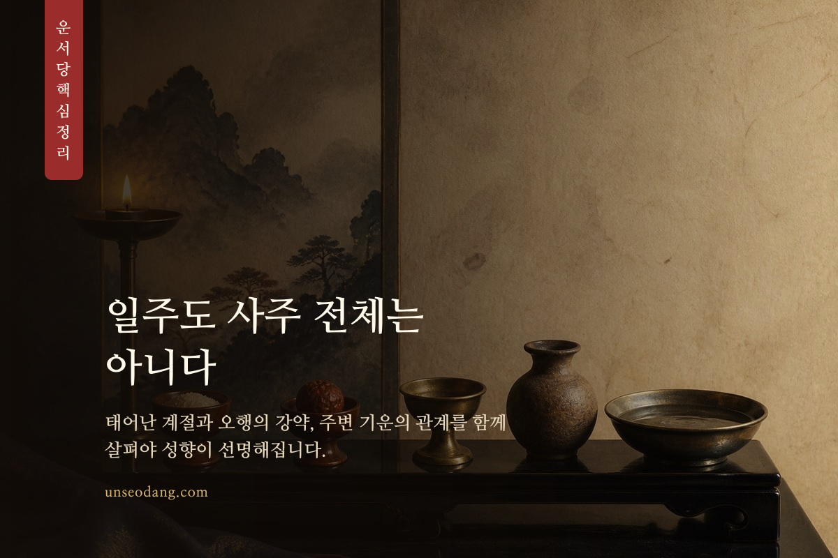 목·화·토·금·수 오행과 일주의 관계를 설명하는 사주 기초 이미지 카드