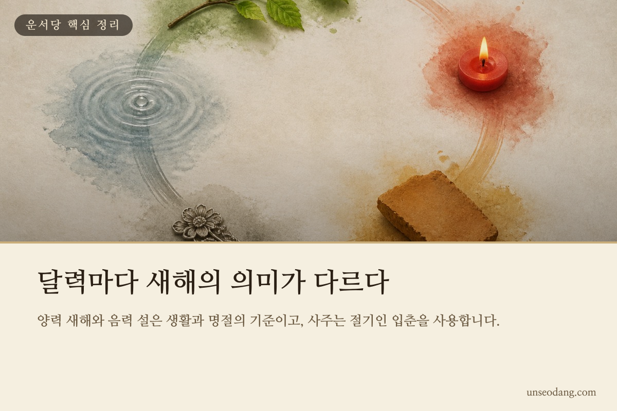 양력 1월 1일과 입춘과 음력 설의 서로 다른 기준을 비교한 카드