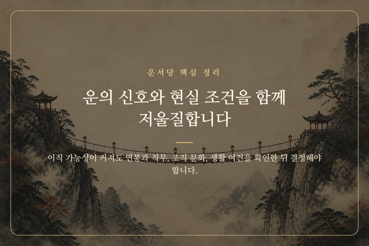 이직운과 현실적인 근무 조건을 양쪽 저울에 놓고 비교하는 이미지 카드