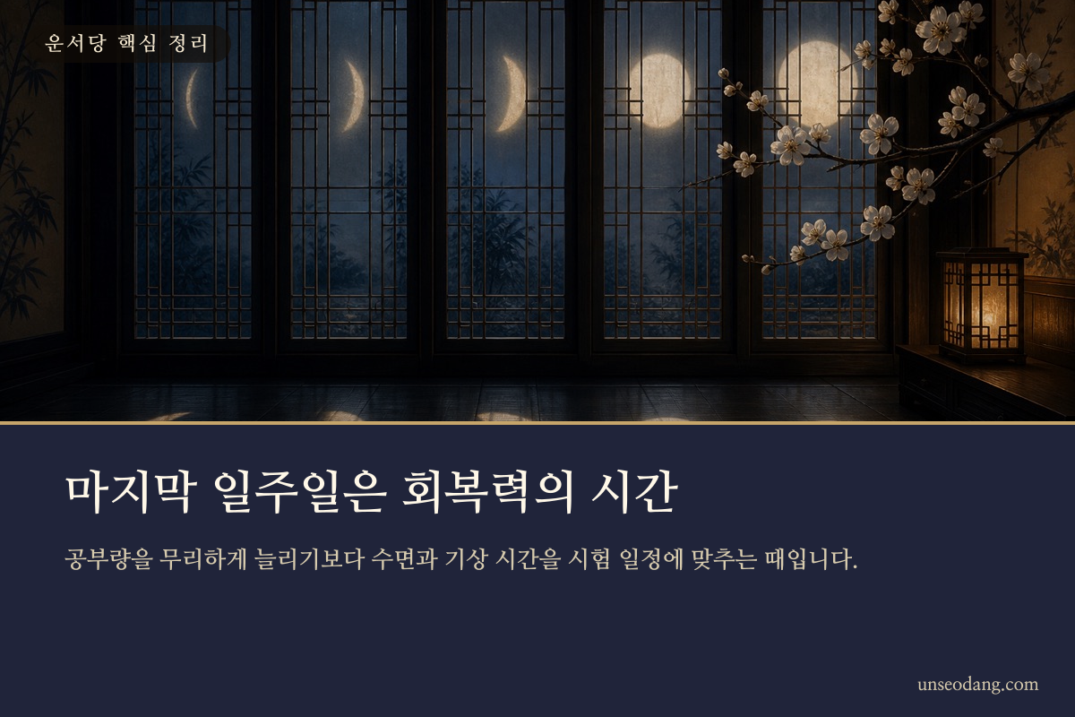 달과 일정표로 시험 일주일 전의 수면과 생활 리듬을 나타낸 이미지
