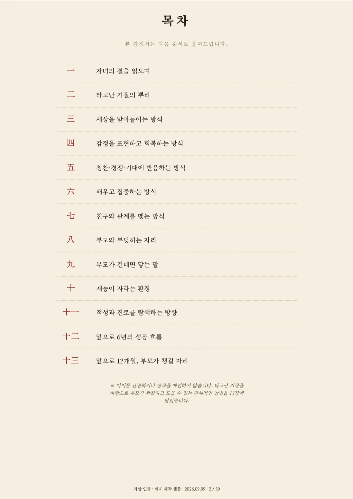 실제 목차 · 2쪽 · 가상 인물 제작본
